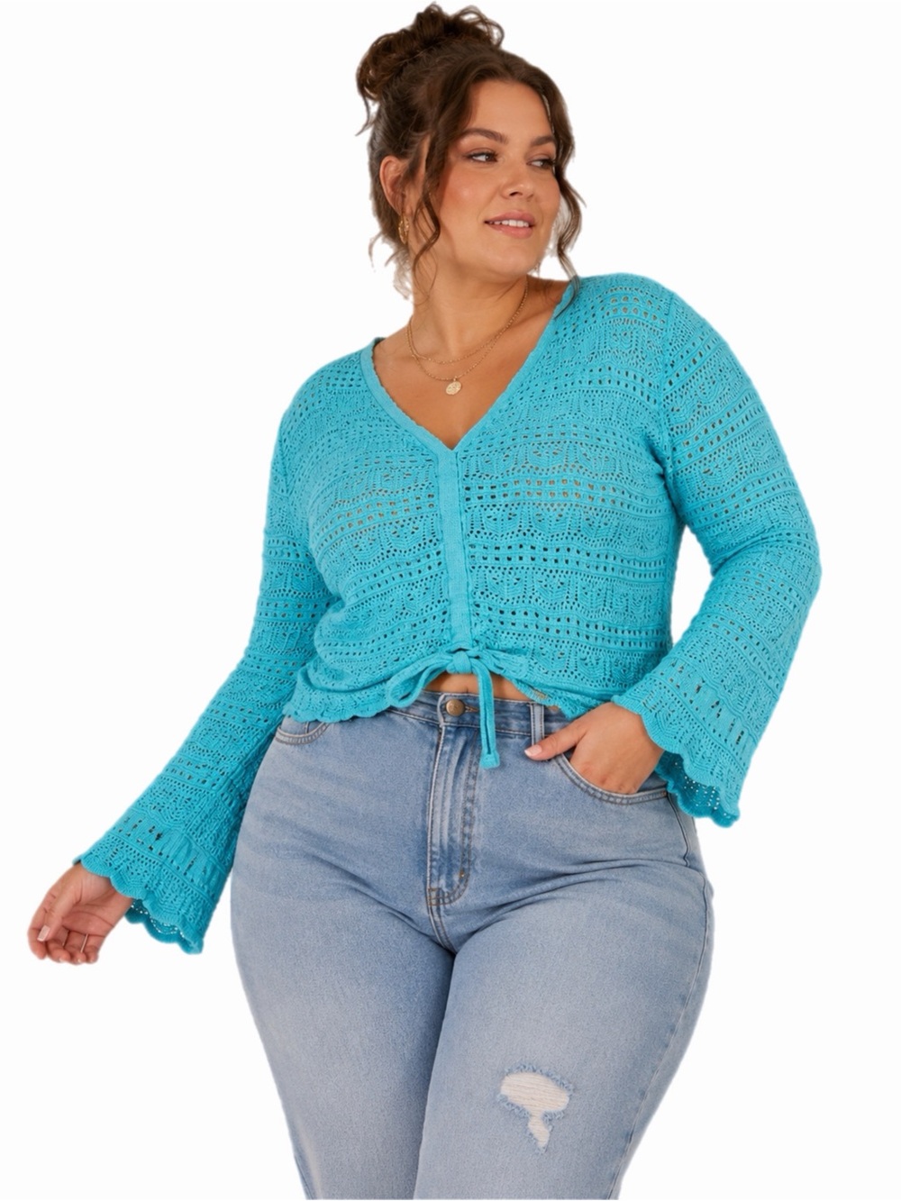 90s/Y2K does 70s Vintage Crochet Open Knit Tie Front Boho Top (Turquoise)Size XL